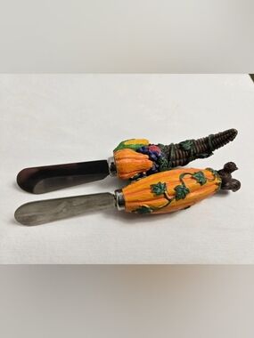 Harvest Thanksgiving Fall Pumpkin Cornucopia Cheese Spreaders Knives Set Of 2